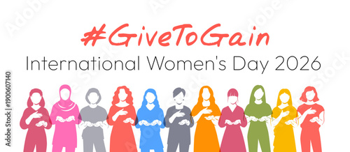 Give to Gain campaign pose. International Women's Day 2026. Diverse women demonstrate open palms giving gesture, with hand on their hearts to show generosity, collaboration and support for all women