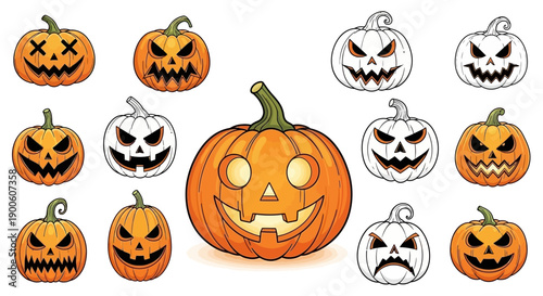 A collection of various carved Halloween pumpkins with different spooky and funny faces, some in color and some in black and white.