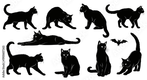 Collection of black cat silhouettes in various poses, including stretching, sitting, and lying down, with a small bat silhouette.