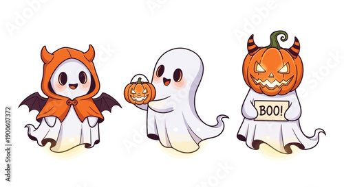 Three adorable cartoon ghosts in Halloween costumes, one dressed as a devil, another holding a pumpkin, and the third with a jack-o'-lantern head.