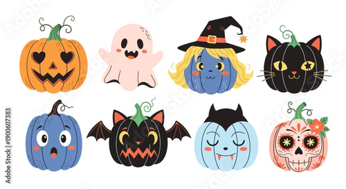 A collection of eight cute and colorful Halloween-themed pumpkins and characters, including a ghost, a witch, a black cat, and a sugar skull.