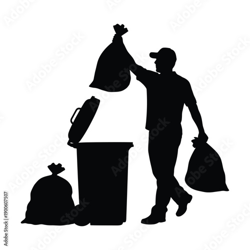 Silhouette of a man throwing away trash bags isolated on white background