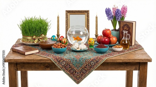 Nowruz haft sin table with goldfish bowl and spring hyacinths, rustic wooden setting for Persian New Year celebration, colorful symbols of renewal and family tradition