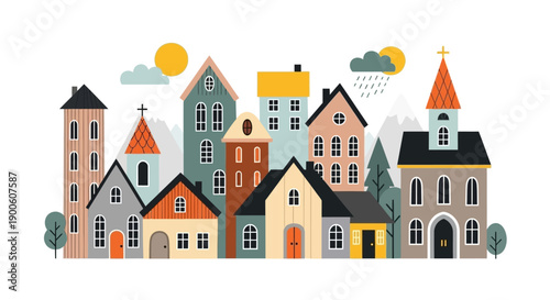 A charming illustration of a diverse European-style town with various buildings, trees, and weather elements.