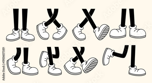 Collection of cartoon legs and feet in various poses, illustrating movement and animation.