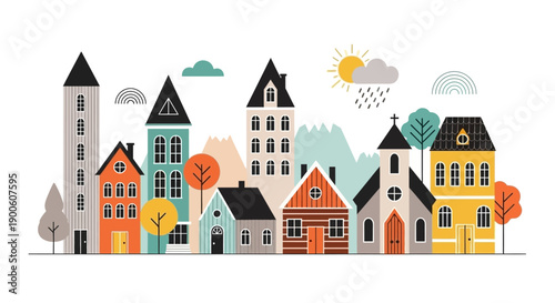 A charming illustration of a colorful European town with diverse buildings, trees, and a church under a partly cloudy sky with rain.