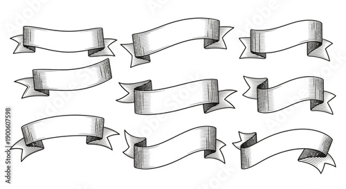 A collection of nine hand-drawn, black and white banners with a vintage, illustrative style, perfect for graphic design elements.