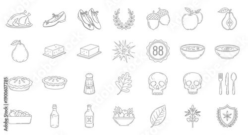 A collection of line art icons representing various food items, symbols, and objects, suitable for graphic design and digital use.
