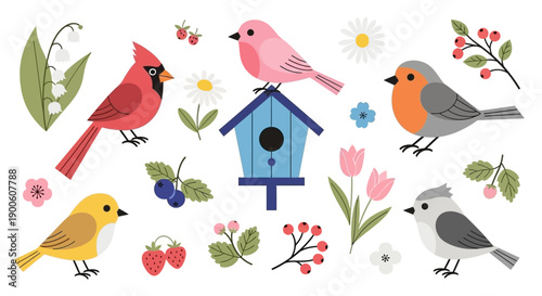 A charming collection of colorful birds, flowers, and berries set against a white background, evoking a sense of spring and nature's beauty.