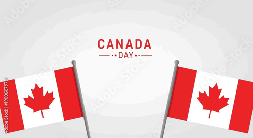 Two Canadian flags waving on poles with the text "CANADA DAY" in the background, celebrating the national holiday.
