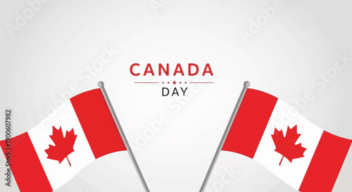 Two Canadian flags waving on poles with "CANADA DAY" text in the background.