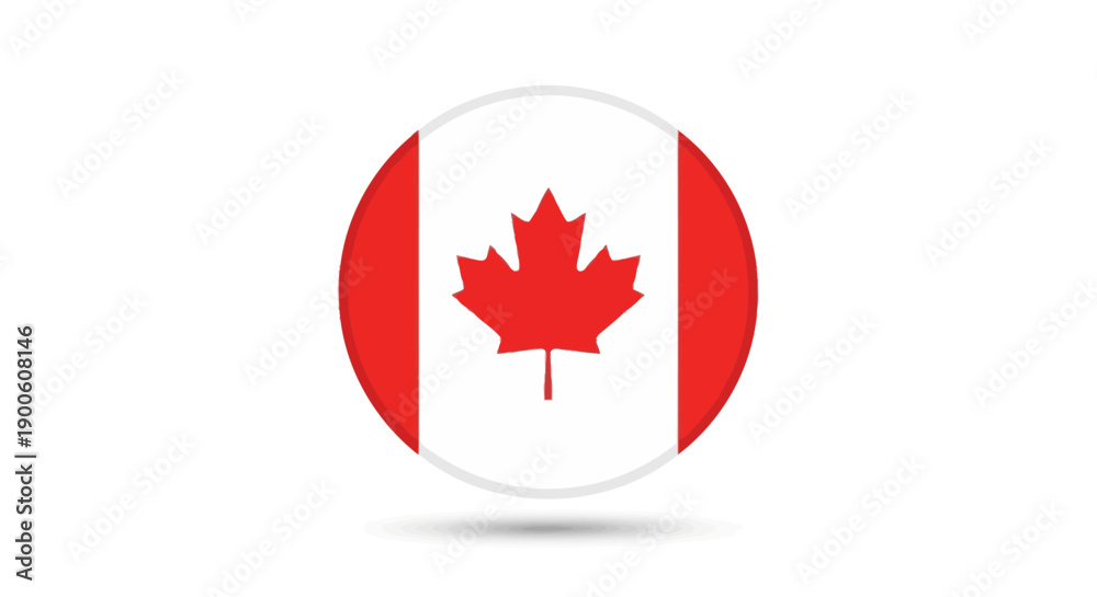 Naklejka premium A circular icon representing the national flag of Canada, featuring a red maple leaf on a white background between two red bars.
