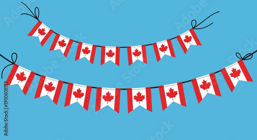 Two strings of Canadian flag bunting banners are displayed against a bright blue sky background.