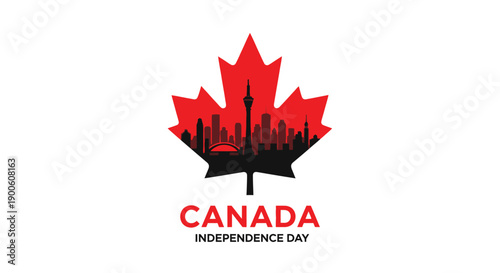 Red maple leaf silhouette with Canadian city skyline inside, celebrating Canada Independence Day.