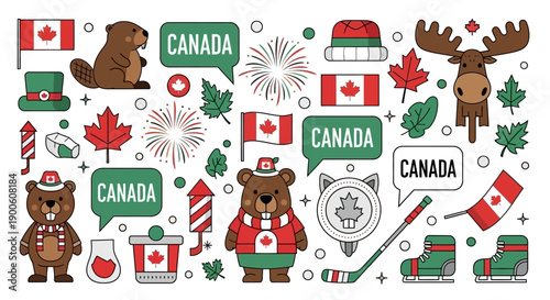 A vibrant collection of Canadian symbols and icons, including beavers, a moose, maple leaves, flags, and hockey elements, celebrating Canadian culture and national pride.