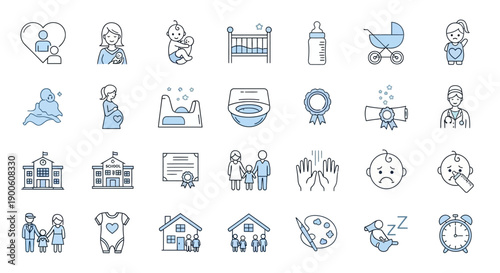 Collection of icons representing family, healthcare, education, and life stages, including pregnancy, babies, and children.