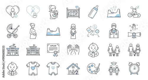 A collection of line art icons representing various aspects of family life, from pregnancy and childbirth to education and home.
