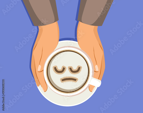Cartoon vector illustration of a top view close-up view of two male hands holding a cup of coffee with a sad smiley face. Concept for stress, burnout, fatigue, work pressure and emotional exhaustion