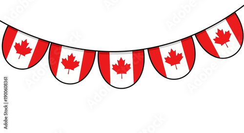 A string of Canadian flag bunting flags hanging on a string against a white background.