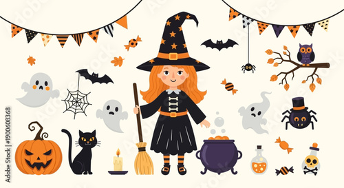 A charming collection of Halloween-themed illustrations featuring a young witch, ghosts, a black cat, a pumpkin, and other spooky elements.