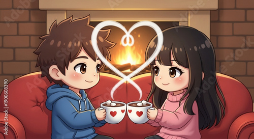 Cute couple with hot cocoa heart steam