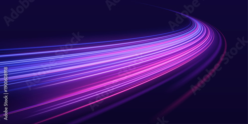 Neon pink lines curve elegantly along the urban highway, forming bright glowing motion trails. Fast motion and luminous effects convey futuristic speed. Perfect for digital or sci-fi visuals vector