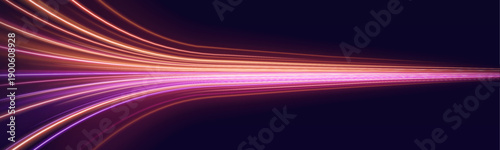 Vibrant neon pink streaks illuminate the highway, forming curved glowing trails of motion. Motion blur emphasizes speed and dynamic futuristic style. Ideal for racing or tech visuals vector