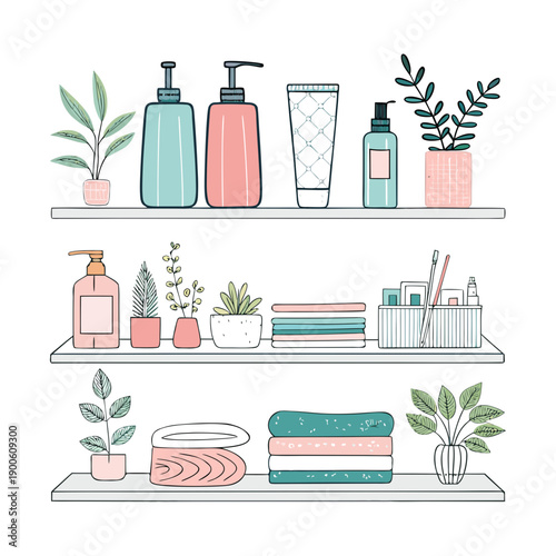 Shelves with bottles, plants, and towels, viewed from the front in a tidy environment with cosmetic items.