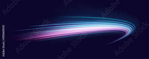 Dynamic blue-pink neon streaks flow along the highway with glowing curved trails. Motion blur emphasizes acceleration, speed, and futuristic energy. Perfect for racing or digital layouts vector