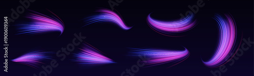 Flowing bright pink neon lines streak along the urban road, forming dynamic curved trails. Glowing effects and motion blur convey speed and futuristic style. Ideal for racing or tech visuals vector