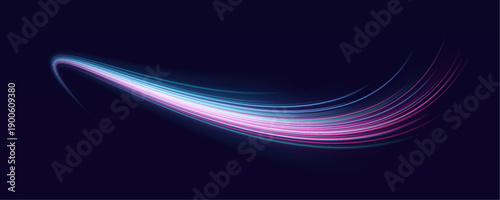 Flowing bright cyan-pink neon streaks race along the night road, forming curved glowing trails. Motion blur and luminous effects convey high-speed motion and acceleration. Ideal for digital or sci-fi 