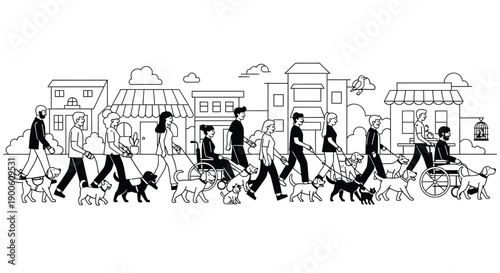 Silhouettes of People Walking Dogs on City Street