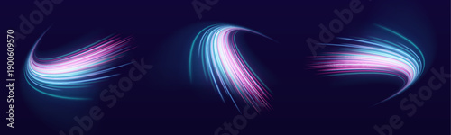 Electric blue-pink streaks twist along the highway, forming luminous glowing trails. Curved motion and bright neon glow convey speed and futuristic style. Perfect for racing or tech visuals vector