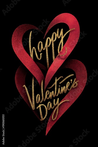 Golden calligraphy lettering on red hearts background