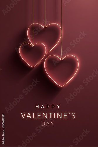 Neon heart outlines hanging on maroon background wall