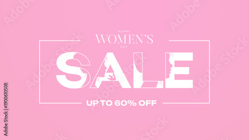Women's Day Sale commercial banner for International Women's Day. Women's Day big sale promotional banner with pink background.