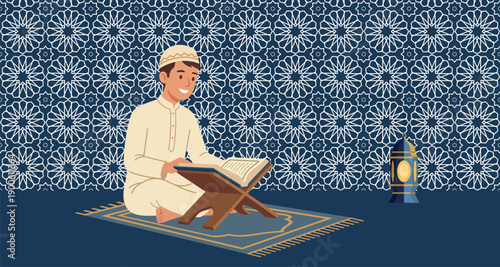 Man in white robe reading book on wooden stand on prayer mat with lantern and patterned wall background silhouette