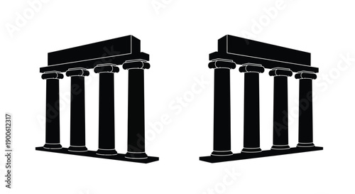 Two classical temple facades with columns in a black and white design