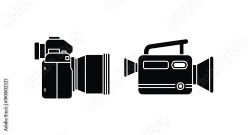 Two black silhouette icons depicting a camera and a vintage camcorder