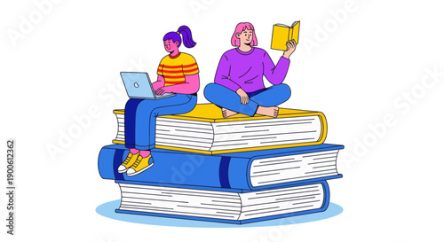 Two diverse young individuals are comfortably sitting on a large stack of books, one reading a physical book and the other using a laptop for digital learning.