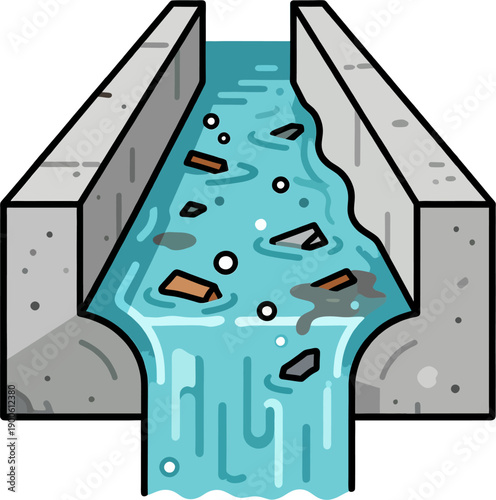 Urban wastewater drainage channel with flowing polluted water and debris illustration