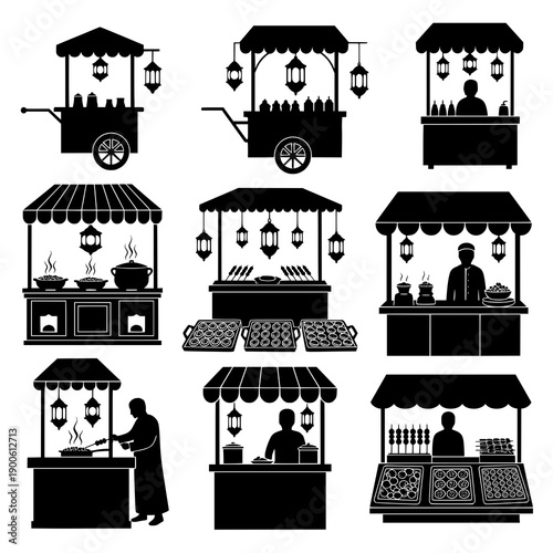 Traditional street Iftar food stall silhouette black vector set on white background