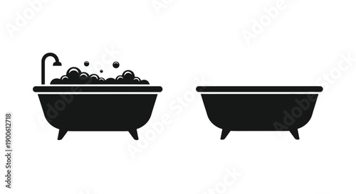Black and white illustration of two bathtubs one with bubbles