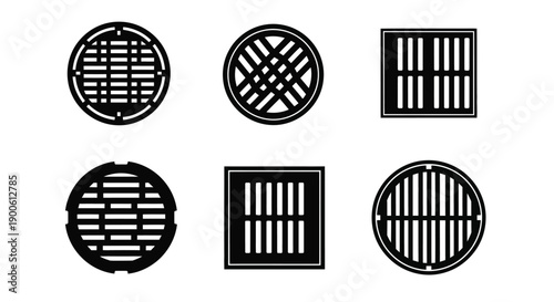 Black and white vector illustration of six different drainage grates