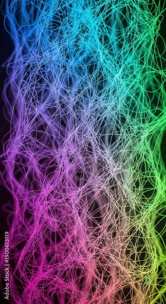 Obraz premium Intricate network of multicolored light threads flows vertically against a dark background