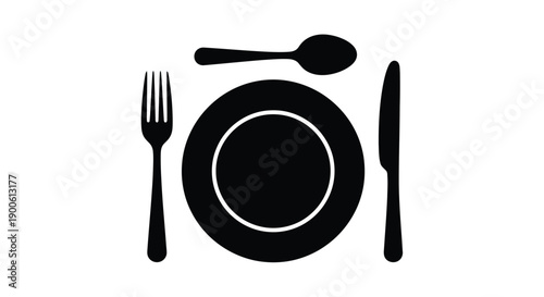 Black silhouette of a plate fork knife and spoon set