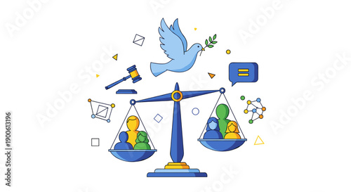 Justice scale balancing diverse people with dove of peace and gavel
