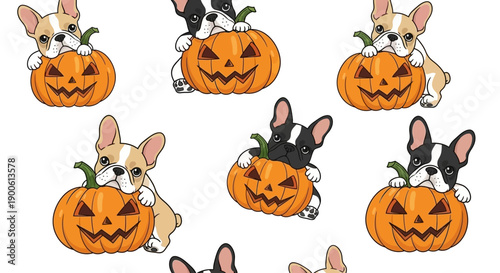 Cute cartoon French bulldog puppies peeking over and hugging Halloween pumpkins on a white background, featuring fawn and black-and-white dogs.