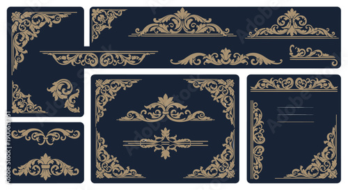 Elegant vintage golden decorative borders and corners set on a dark blue background, featuring intricate baroque and rococo style scrollwork and acanthus leaf patterns.