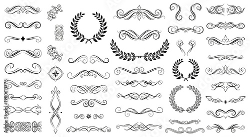 A collection of ornate decorative elements, including laurel wreaths, swirls, and symmetrical dividers, presented in a black and white illustration.
